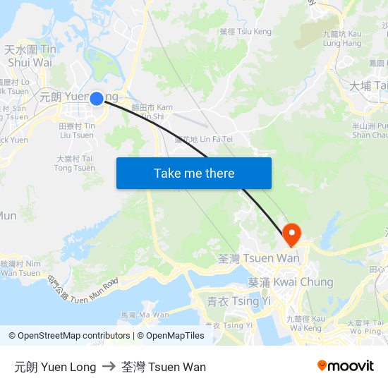 元朗 Yuen Long to 荃灣 Tsuen Wan map