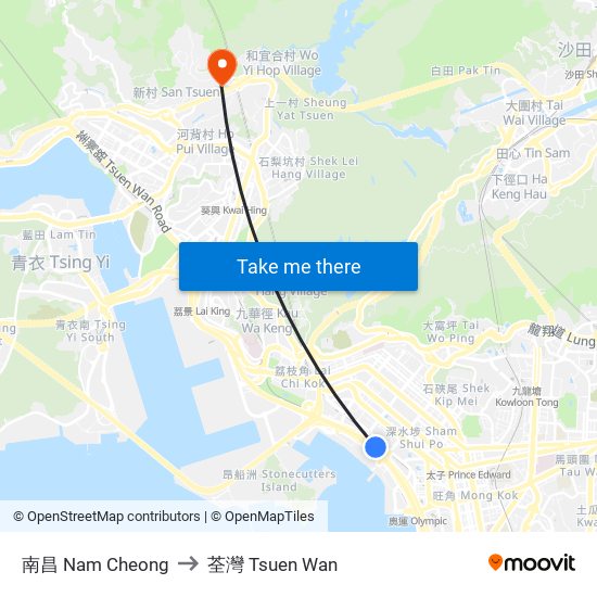 南昌 Nam Cheong to 荃灣 Tsuen Wan map