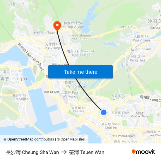 長沙灣 Cheung Sha Wan to 荃灣 Tsuen Wan map