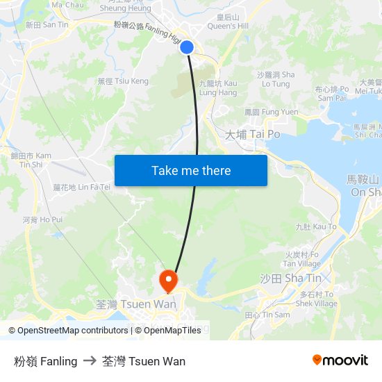 粉嶺 Fanling to 荃灣 Tsuen Wan map