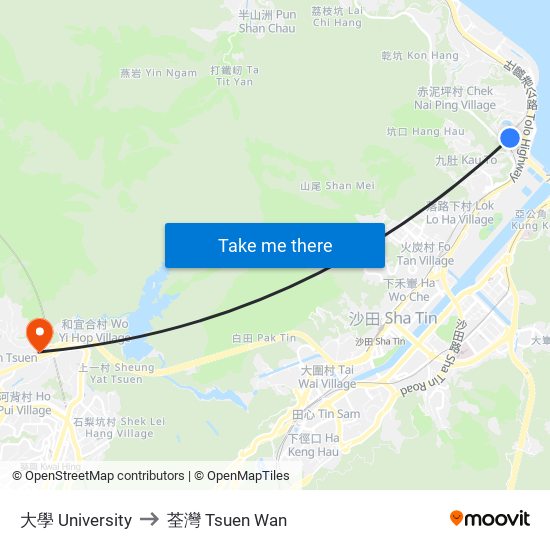 大學 University to 荃灣 Tsuen Wan map