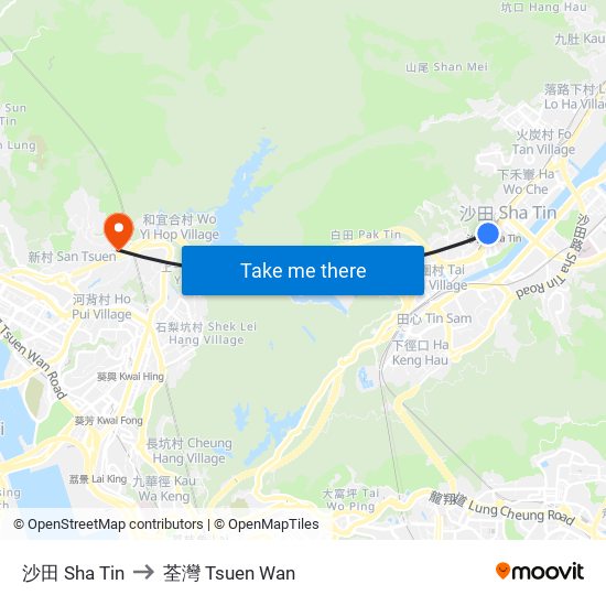 沙田 Sha Tin to 荃灣 Tsuen Wan map