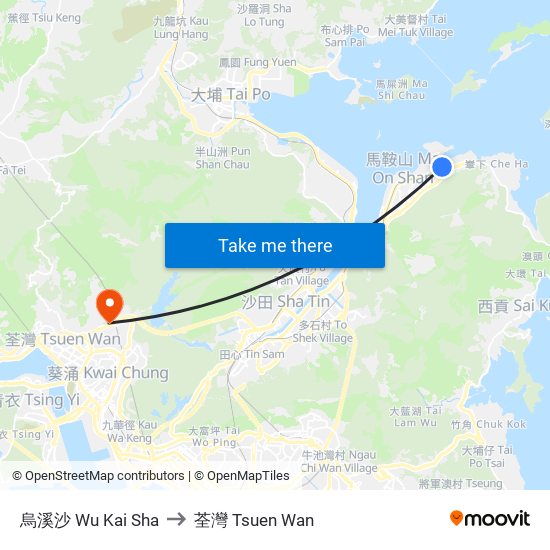 烏溪沙 Wu Kai Sha to 荃灣 Tsuen Wan map