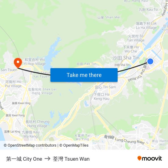 第一城 City One to 荃灣 Tsuen Wan map