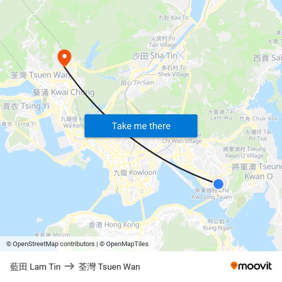 藍田 Lam Tin to 荃灣 Tsuen Wan map