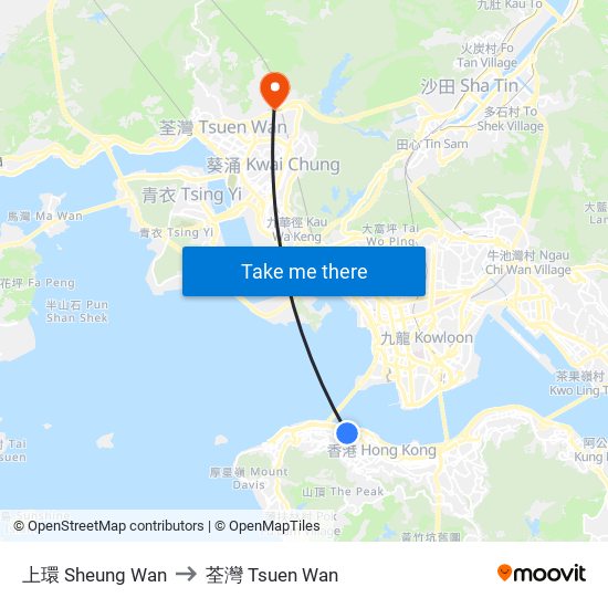 上環 Sheung Wan to 荃灣 Tsuen Wan map