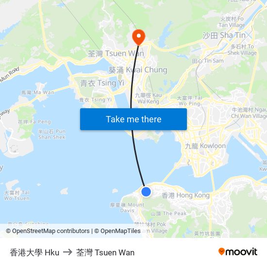 香港大學 Hku to 荃灣 Tsuen Wan map