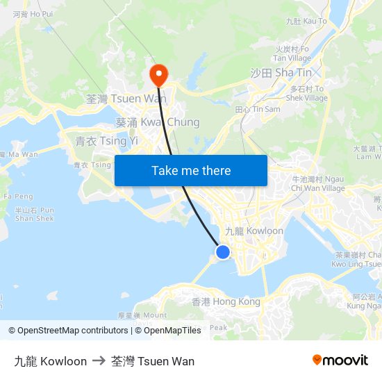 九龍 Kowloon to 荃灣 Tsuen Wan map