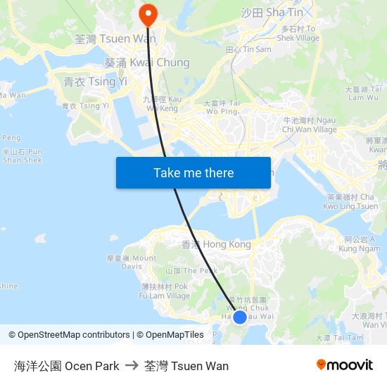 海洋公園 Ocen Park to 荃灣 Tsuen Wan map