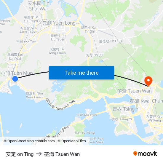 安定 on Ting to 荃灣 Tsuen Wan map