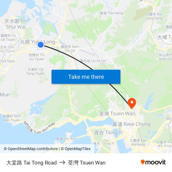 大棠路 Tai Tong Road to 荃灣 Tsuen Wan map