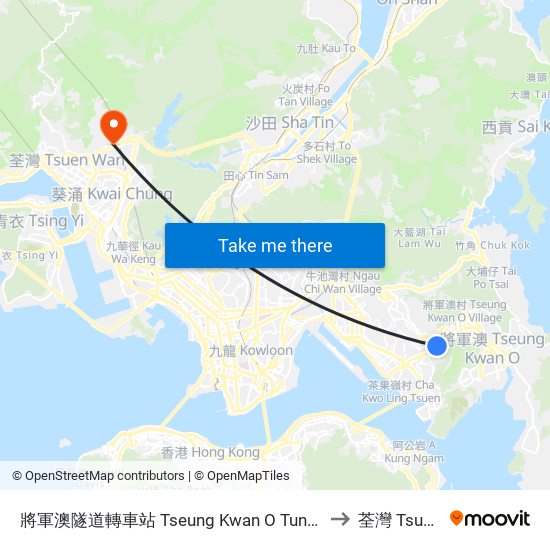 將軍澳隧道轉車站 Tseung Kwan O Tunnel Bus Interchange to 荃灣 Tsuen Wan map