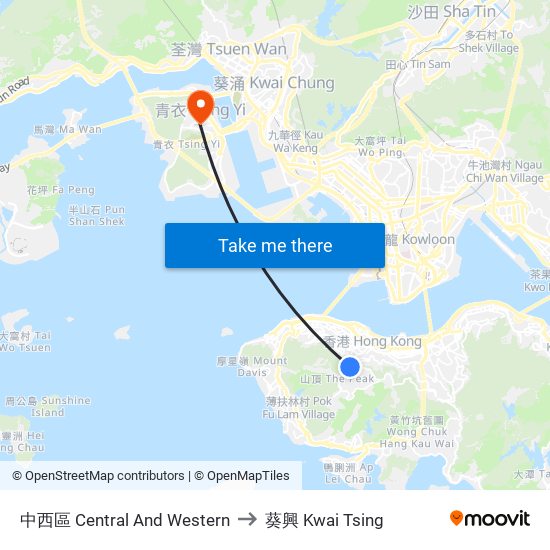 中西區 Central And Western to 葵興 Kwai Tsing map