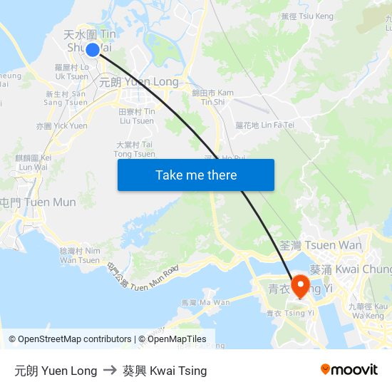 元朗 Yuen Long to 葵興 Kwai Tsing map