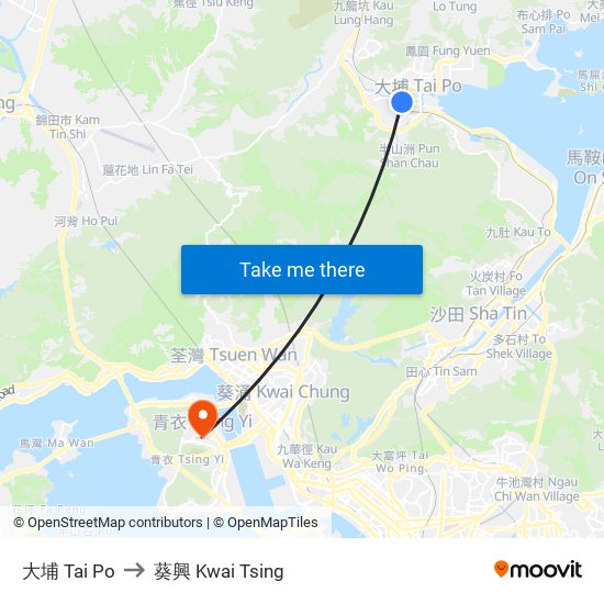 大埔 Tai Po to 葵興 Kwai Tsing map