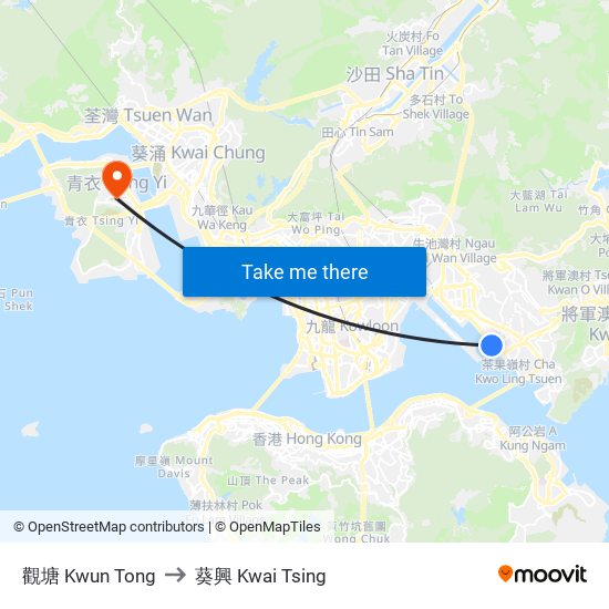 觀塘 Kwun Tong to 葵興 Kwai Tsing map