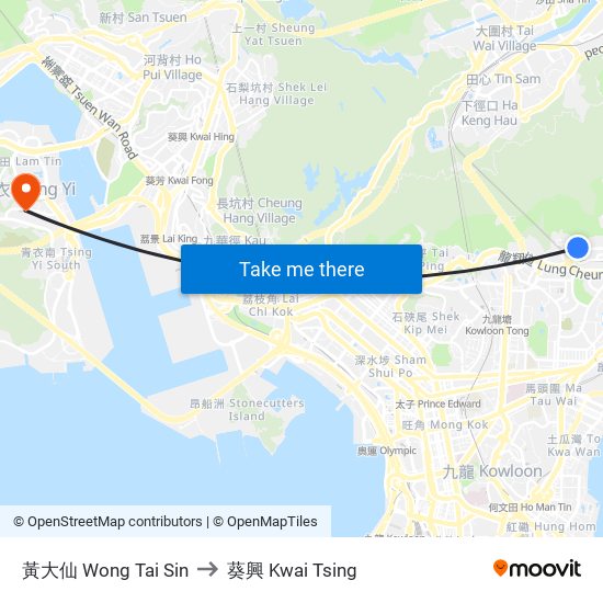 黃大仙 Wong Tai Sin to 葵興 Kwai Tsing map