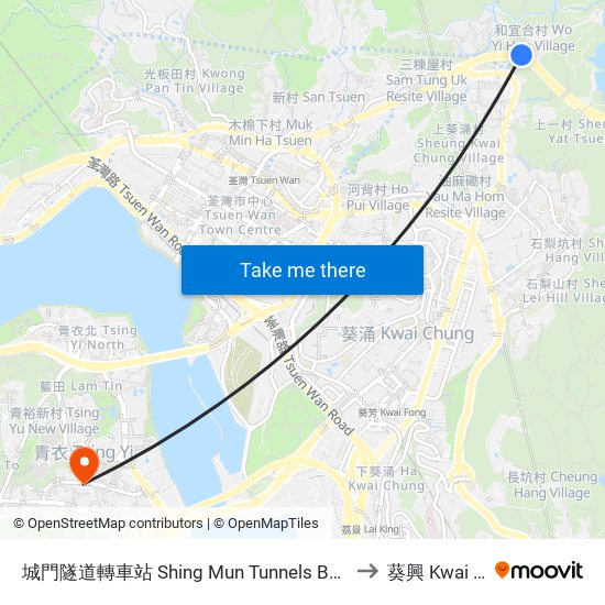 城門隧道轉車站 Shing Mun Tunnels Bus Interchange to 葵興 Kwai Tsing map