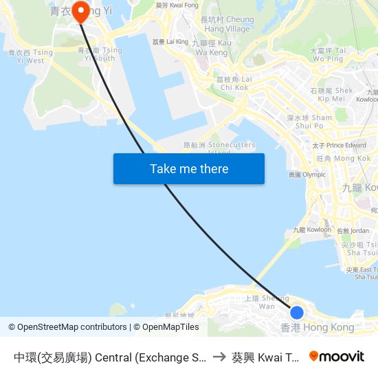 中環(交易廣場) Central (Exchange Square) to 葵興 Kwai Tsing map