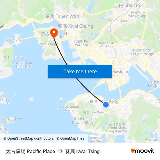 太古廣場 Pacific Place to 葵興 Kwai Tsing map