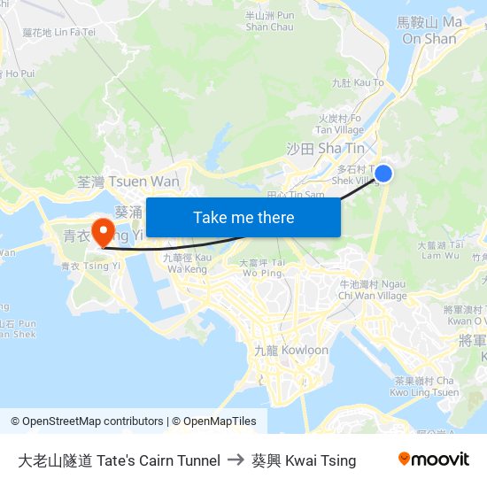 大老山隧道 Tate's Cairn Tunnel to 葵興 Kwai Tsing map