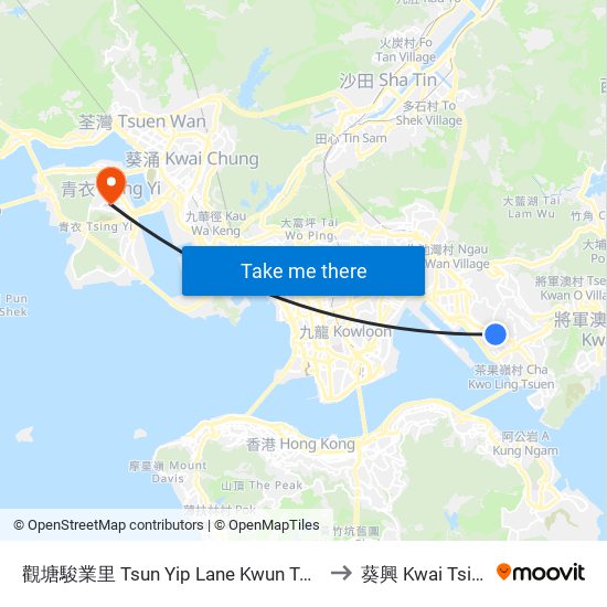 觀塘駿業里 Tsun Yip Lane Kwun Tong to 葵興 Kwai Tsing map