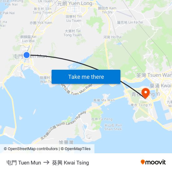 屯門 Tuen Mun to 葵興 Kwai Tsing map