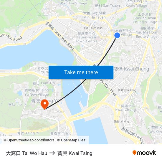 大窩口 Tai Wo Hau to 葵興 Kwai Tsing map