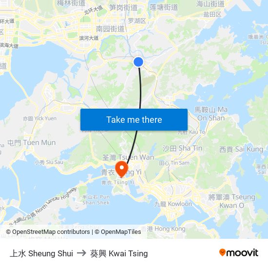 上水 Sheung Shui to 葵興 Kwai Tsing map