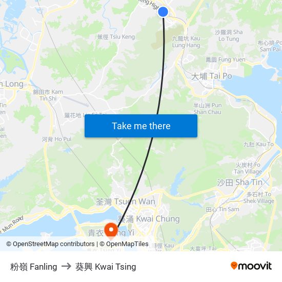 粉嶺 Fanling to 葵興 Kwai Tsing map
