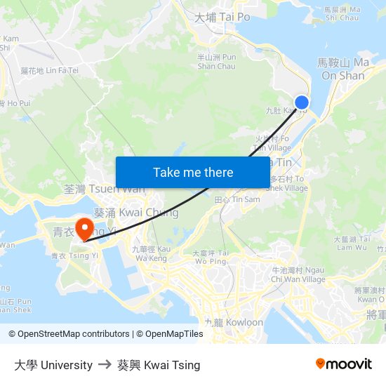 大學 University to 葵興 Kwai Tsing map