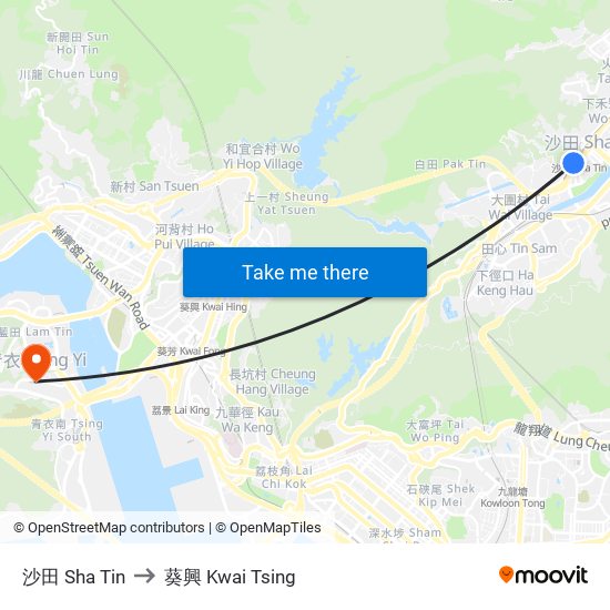 沙田 Sha Tin to 葵興 Kwai Tsing map