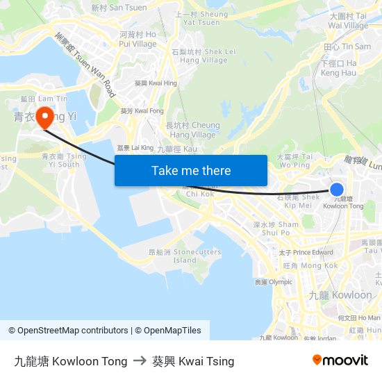 九龍塘 Kowloon Tong to 葵興 Kwai Tsing map