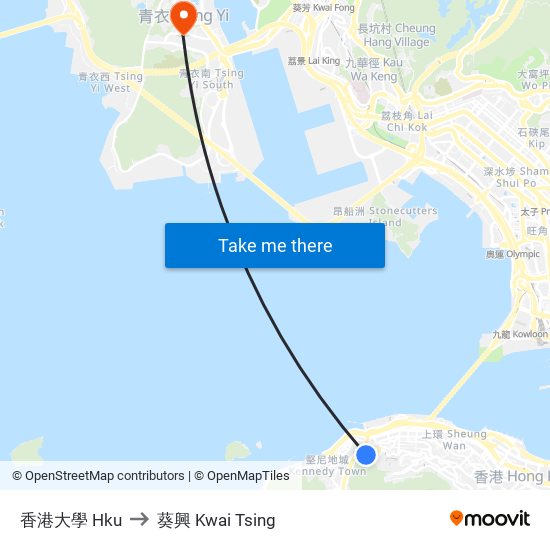 香港大學 Hku to 葵興 Kwai Tsing map