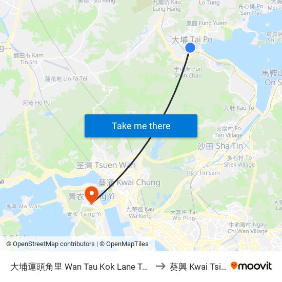 大埔運頭角里 Wan Tau Kok Lane Tai Po to 葵興 Kwai Tsing map