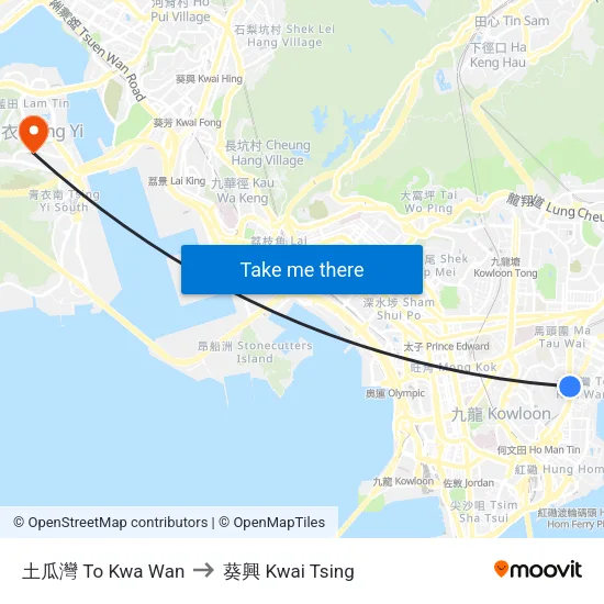 土瓜灣 To Kwa Wan to 葵興 Kwai Tsing map