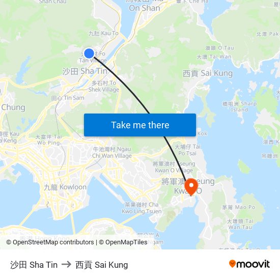 沙田 Sha Tin to 西貢 Sai Kung map