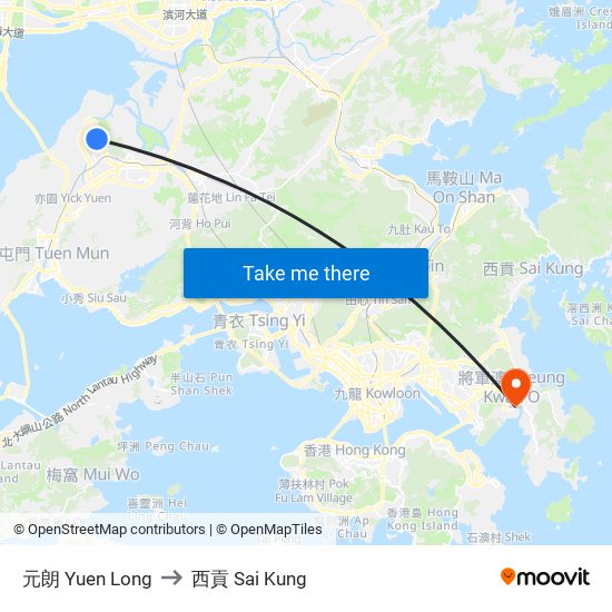 元朗 Yuen Long to 西貢 Sai Kung map