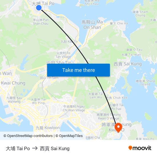 大埔 Tai Po to 西貢 Sai Kung map