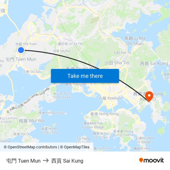 屯門 Tuen Mun to 西貢 Sai Kung map