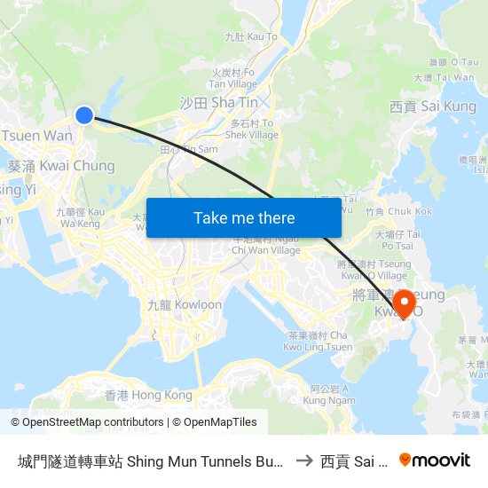 城門隧道轉車站 Shing Mun Tunnels Bus Interchange to 西貢 Sai Kung map
