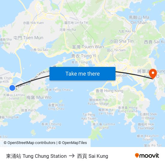 東涌站 Tung Chung Station to 西貢 Sai Kung map