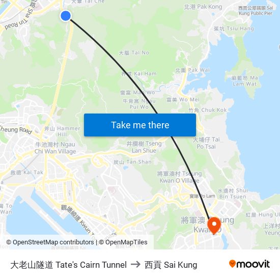 大老山隧道 Tate's Cairn Tunnel to 西貢 Sai Kung map