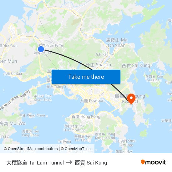 大欖隧道 Tai Lam Tunnel to 西貢 Sai Kung map