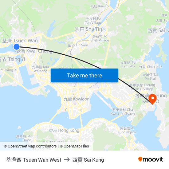 荃灣西 Tsuen Wan West to 西貢 Sai Kung map