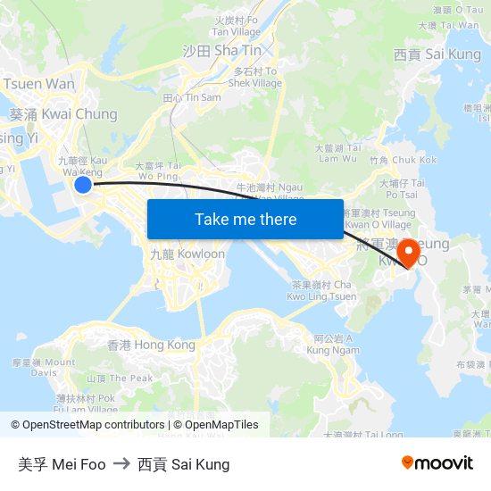 美孚 Mei Foo to 西貢 Sai Kung map