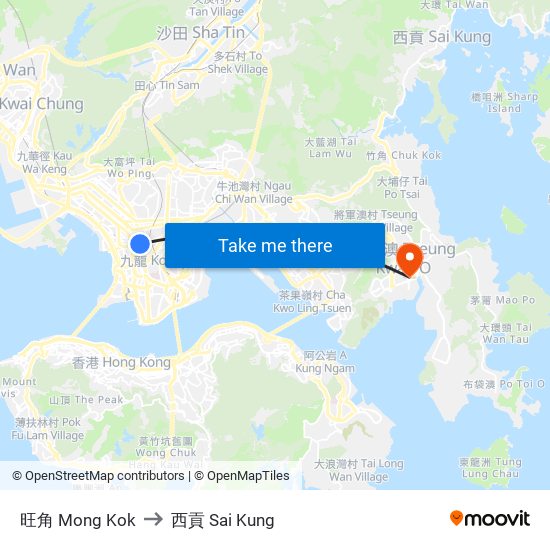 旺角 Mong Kok to 西貢 Sai Kung map