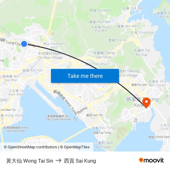 黃大仙 Wong Tai Sin to 西貢 Sai Kung map