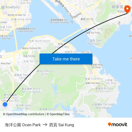 海洋公園 Ocen Park to 西貢 Sai Kung map