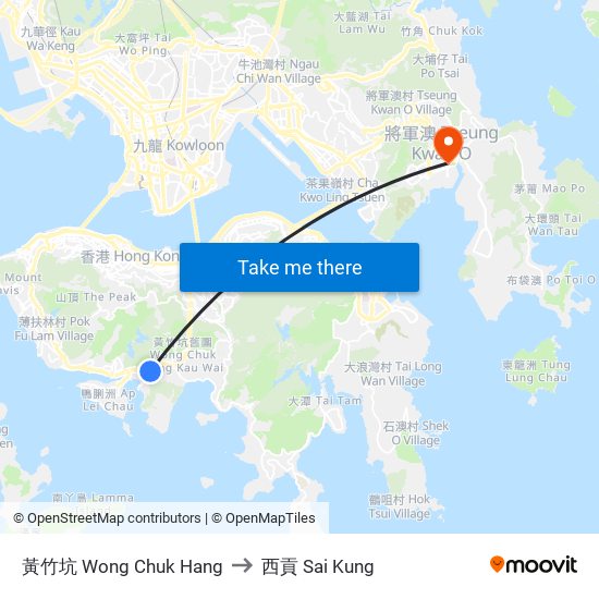 黃竹坑 Wong Chuk Hang to 西貢 Sai Kung map